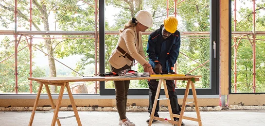 Two construction workers going over the blueprint.