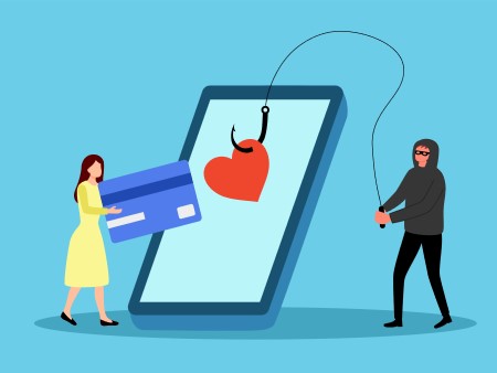 Graphic of a hacker stealing a womens identity.