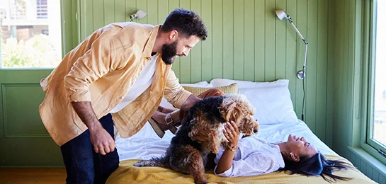 A couple and their dog in their new house.